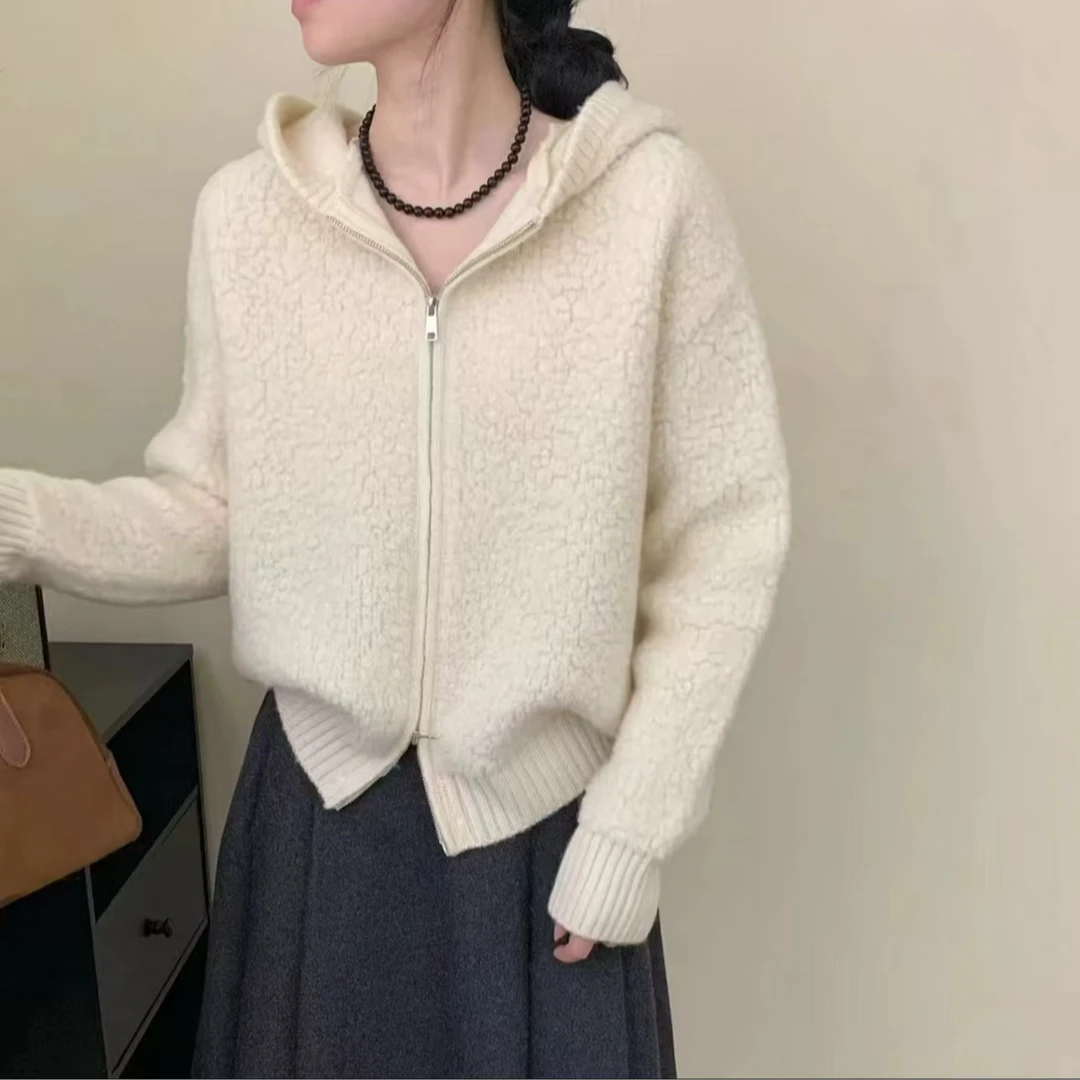 100%欧货绵羊毛爆款双拉链美拉德休闲连帽开衫外套女美拉德83051