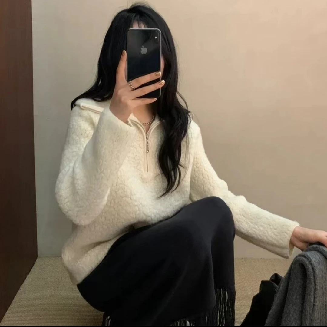 100%半拉链颗粒羊毛pro版高奢毛衣大翻领宽松慵懒显瘦83079