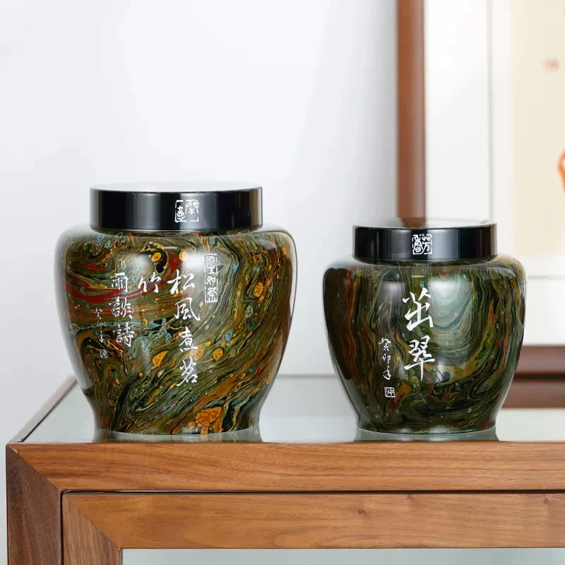 斑锡·龙锡罐大漆茁翠松风茶仓纯手工纯锡茶叶罐高档密封储茶罐