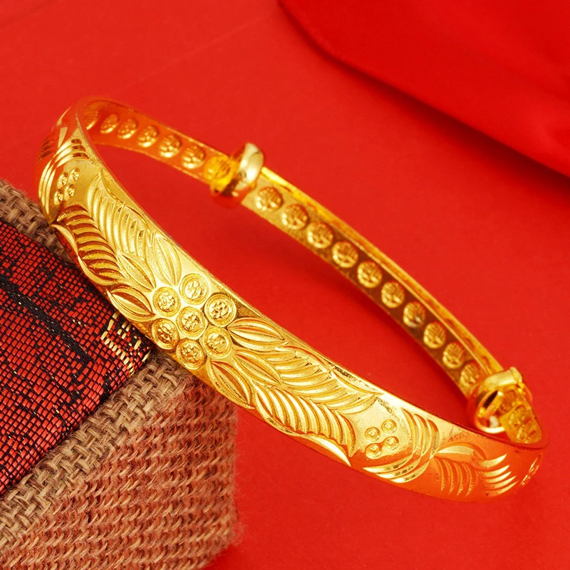 铜合金手镯 宽版七星花推拉手镯女镀金送妈妈手环金色气质首饰品