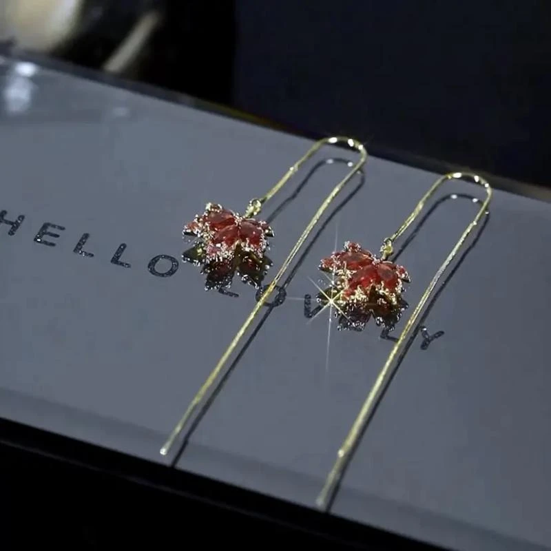 铜合金合成锆石耳饰 红枫叶流苏耳线叶片耳环红色气质新款饰品