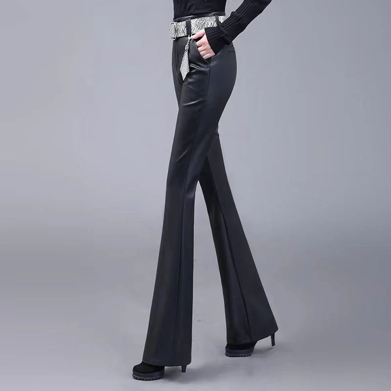 秋冬爆款高腰微喇叭裤真皮皮裤修身气质洋气显瘦加绒外穿休闲裤女