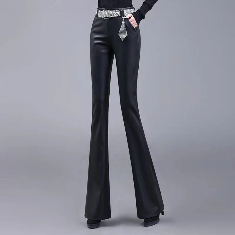 真皮皮裤微喇叭裤弹力修身气质洋气秋冬高腰显瘦加绒外穿阔腿裤女