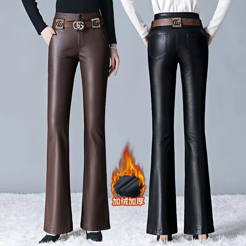 海宁真皮皮裤女绵羊皮秋冬新款高档外穿百搭加绒修身微喇叭长裤潮