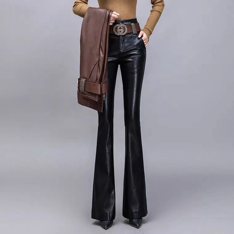修身真皮皮裤女微喇叭裤弹力外穿秋冬高腰显瘦时尚百搭阔腿休闲裤