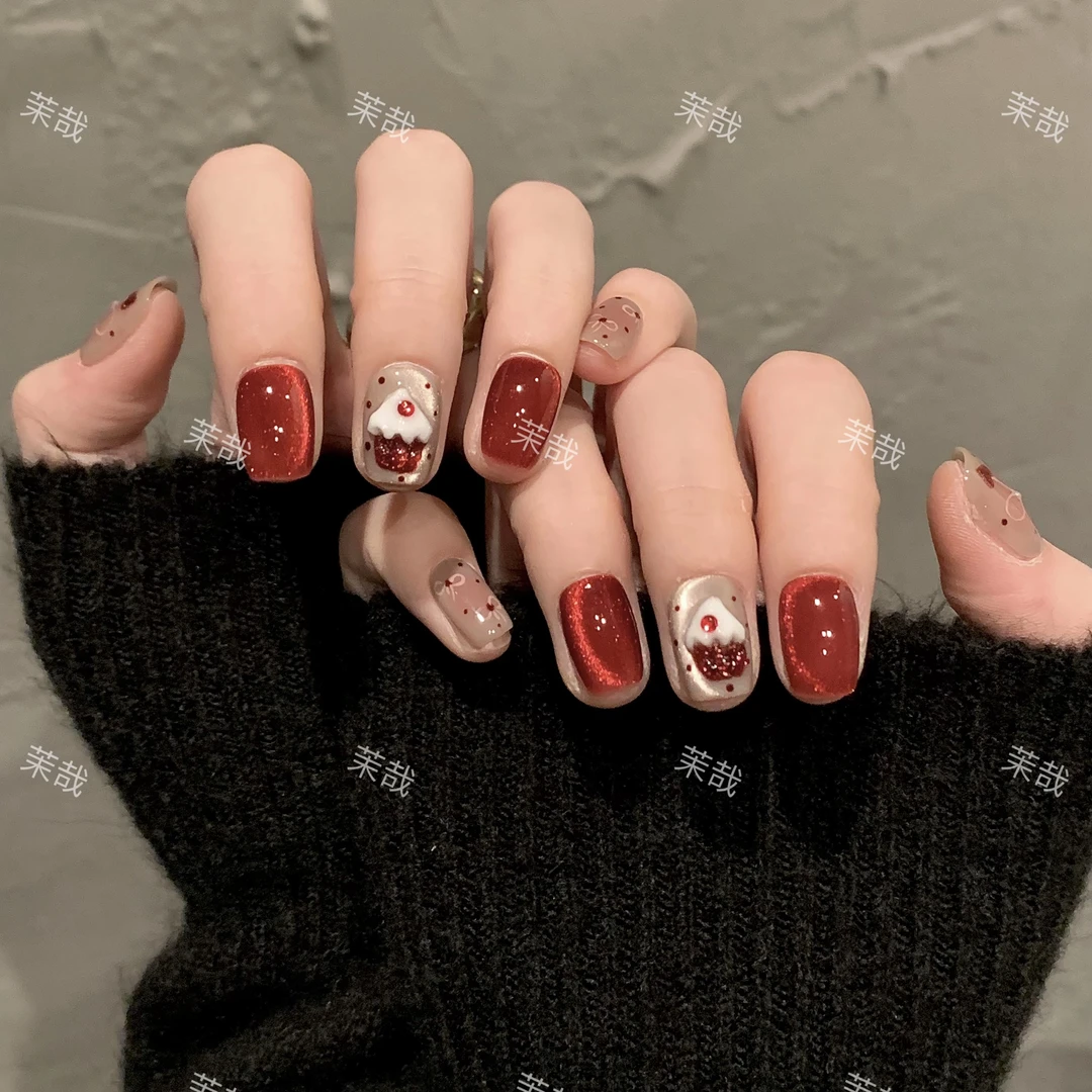 茉哉【圣诞雪屋】纯手工定制美甲拆卸穿戴甲A3443