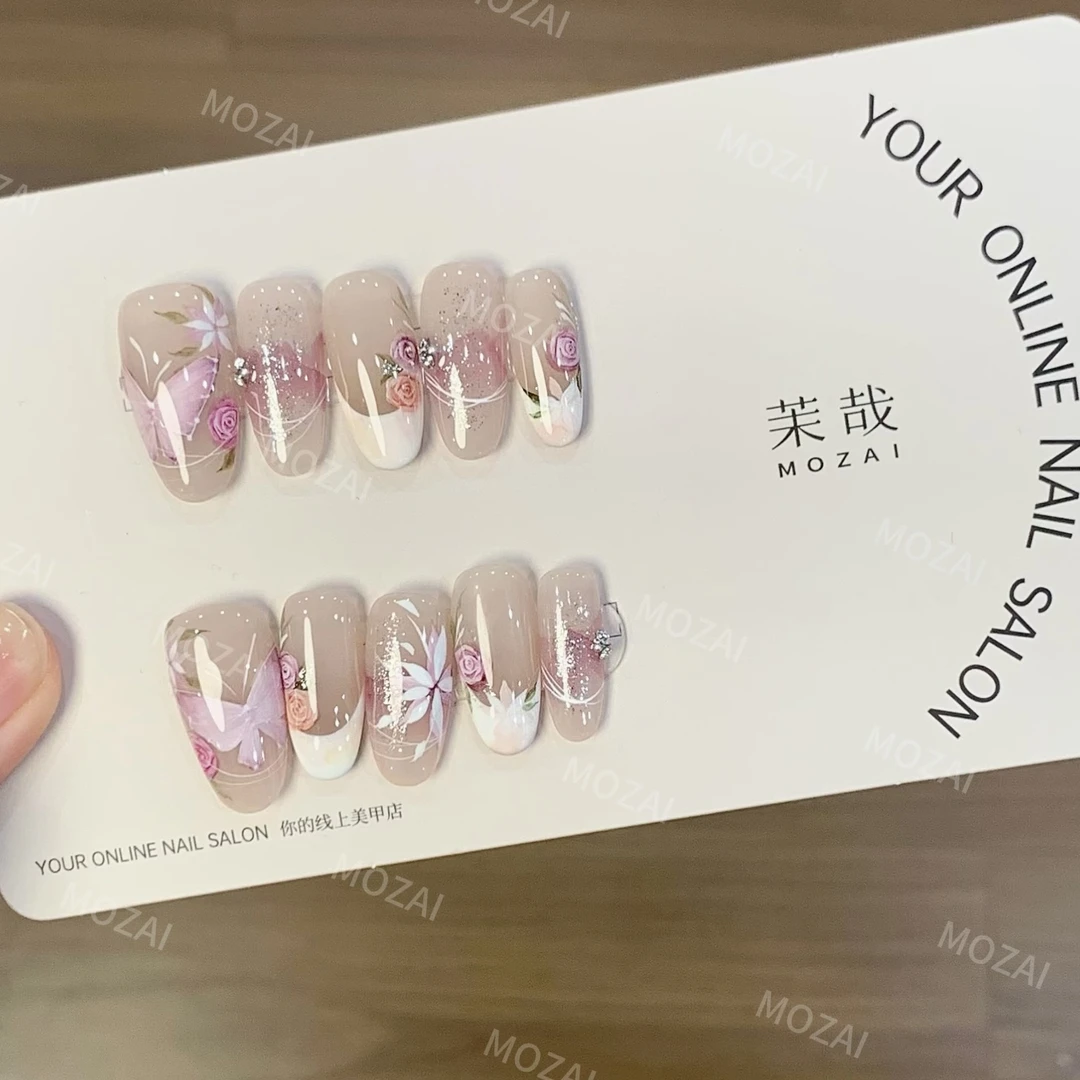 茉哉V高定【水彩手绘/紫黛】孤纯手工定制美甲穿戴甲F0036