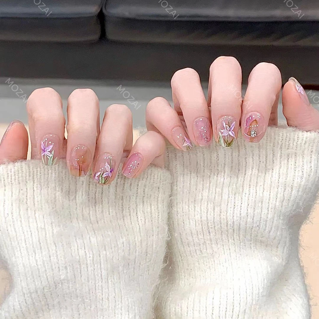 茉哉KK高定【水彩手绘款/鸢尾】纯手工定制美甲拆卸穿戴甲F0003