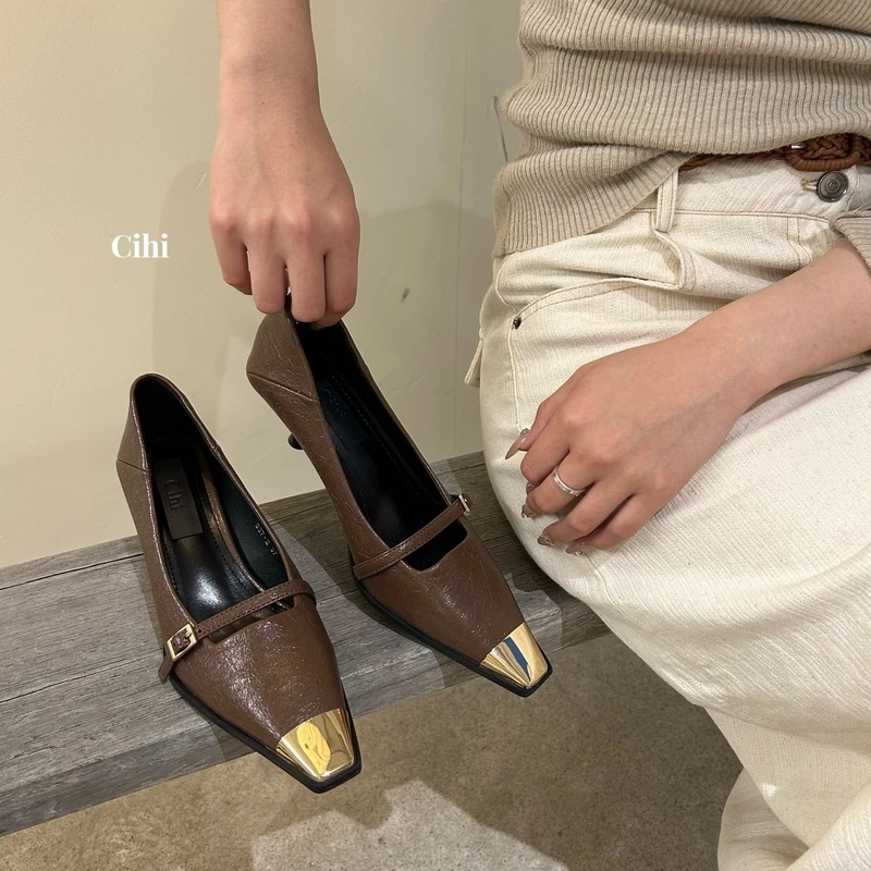 2-338-與時春秋-摔纹皮细跟高跟鞋女小方头气质浅口单鞋