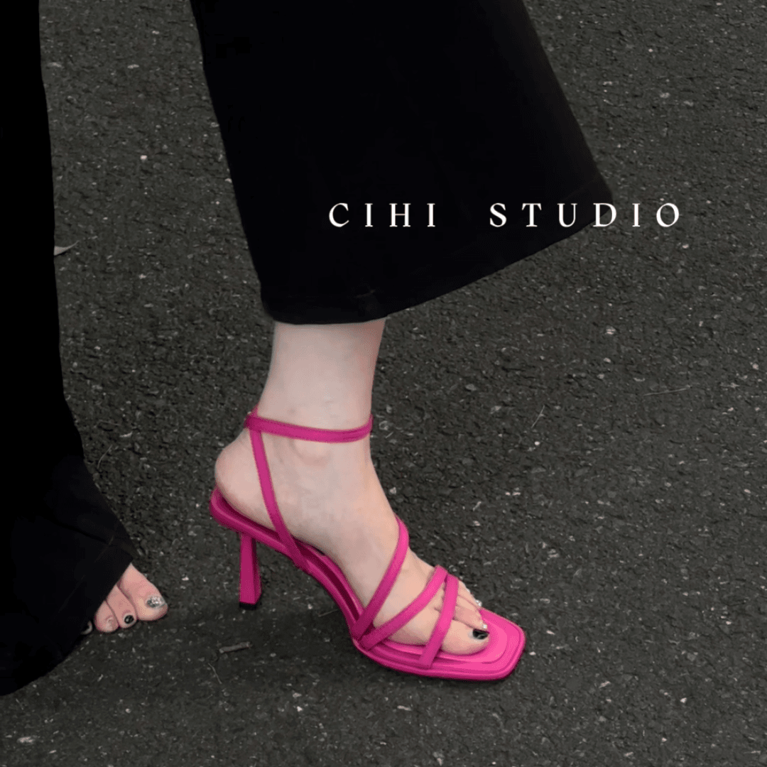 cihi 2-484-少女续续-法式一字带仙女凉鞋小众高级罗马绑带高跟