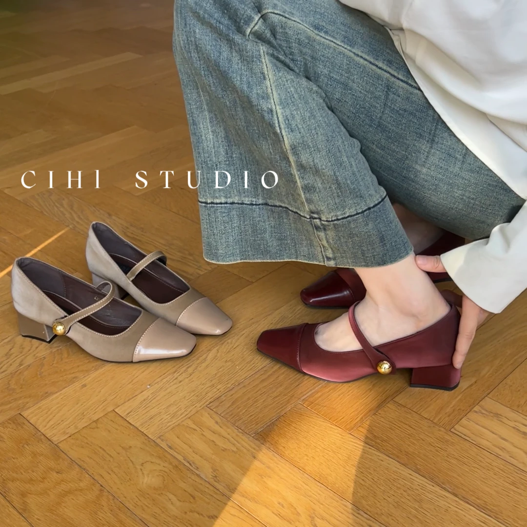 2-299-心動預警-气质百搭单鞋粗跟-温柔女鞋一字扣带拼接！