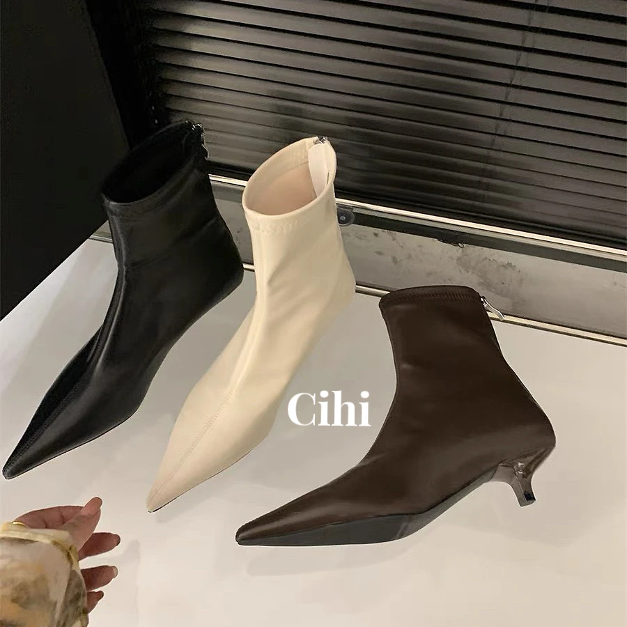 Cihi設計/1-285-通勤伴侣-短靴小众瘦瘦靴细跟女靴低跟靴韩版尖头