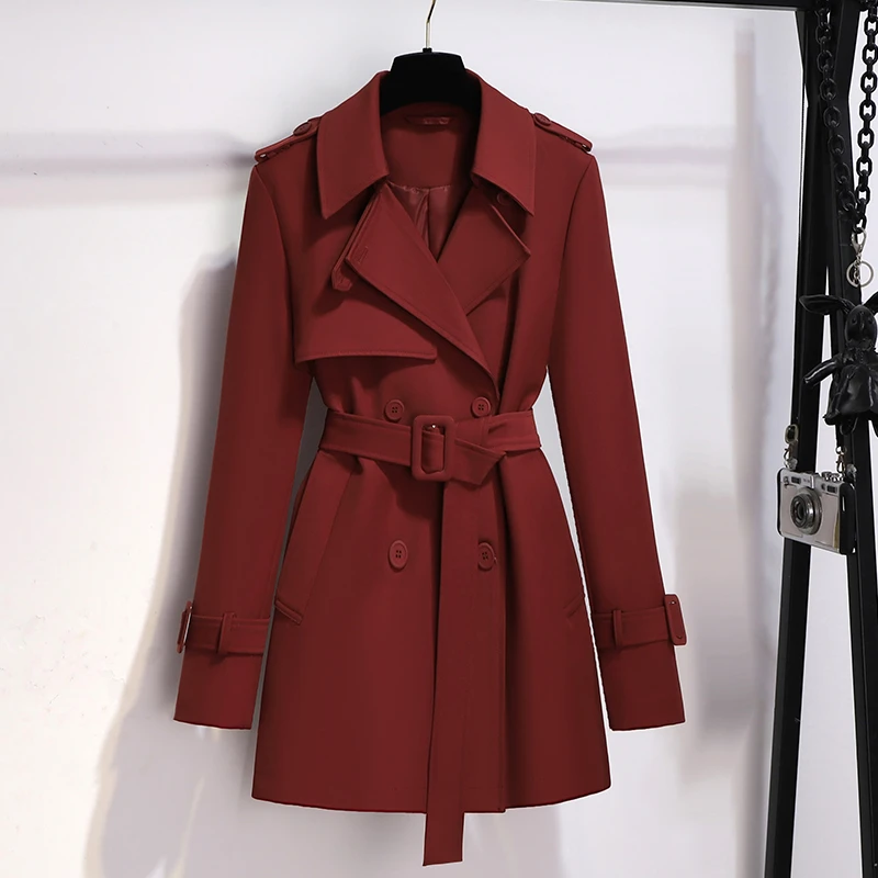 今年流行安可拉红色中长款风衣女款2025新款秋冬季双排扣收腰外套