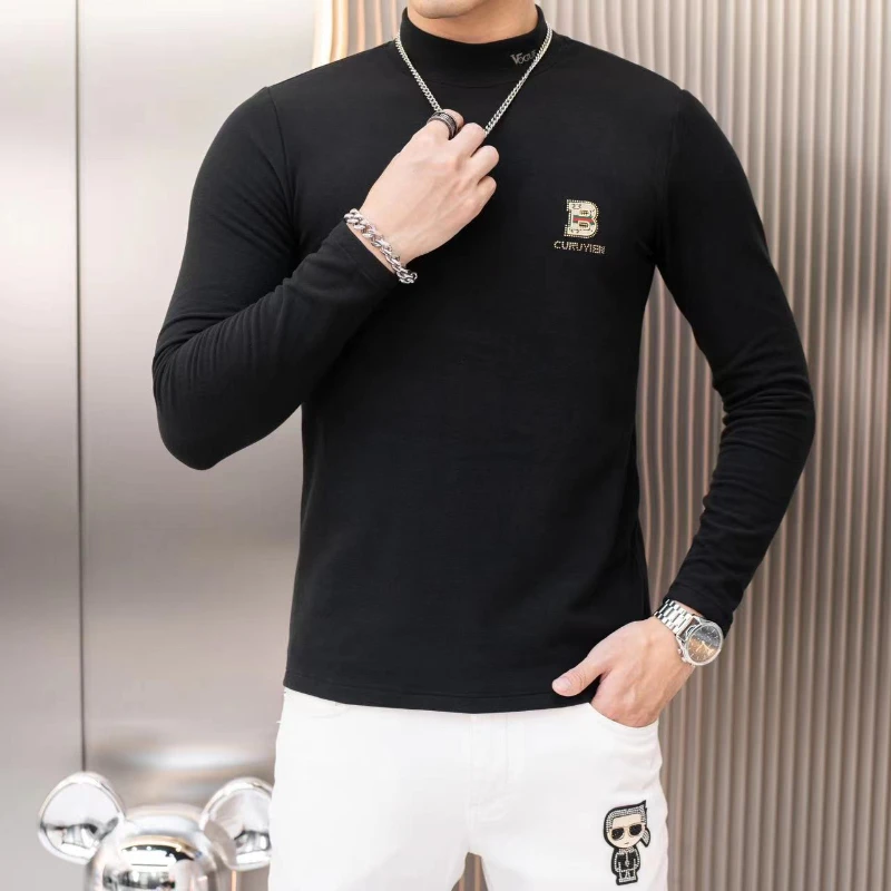 秋冬季半高领长袖t恤男ins潮牌内搭潮流保暖上衣服男士德绒打底衫