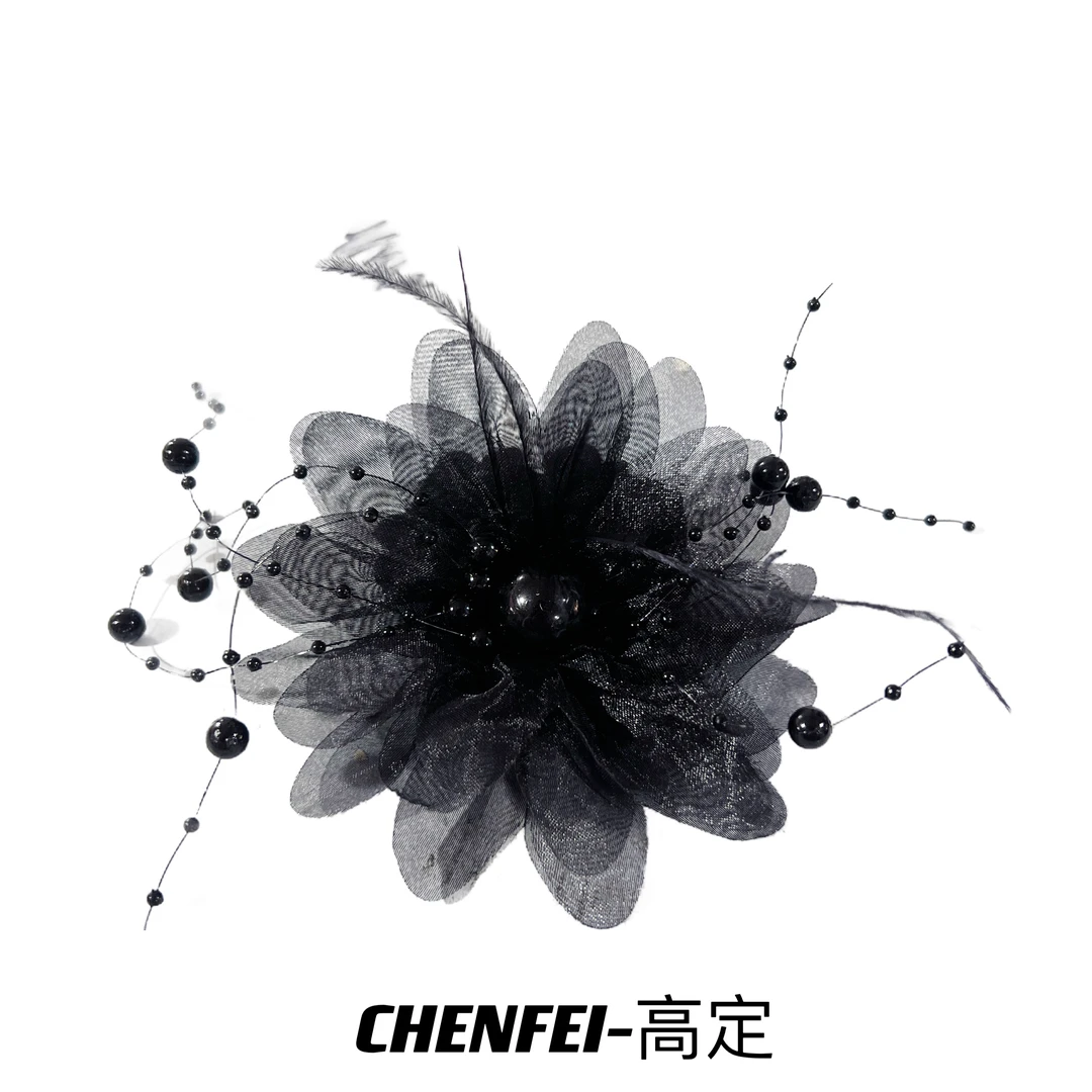 高级感秋冬款黑色羽毛珠珠发圈后脑勺盘发超仙头饰发绳2218