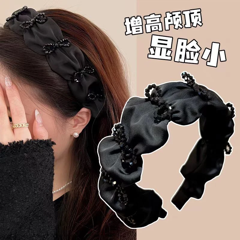 A黑色气质发箍女新款高颅顶显脸小发饰蝴蝶结发卡洗脸褶皱1777