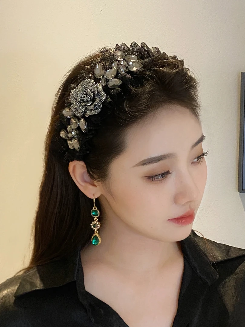 A奢华气质蕾丝花朵镶钻发箍新款高颅顶宽边外出时尚头箍发卡1052