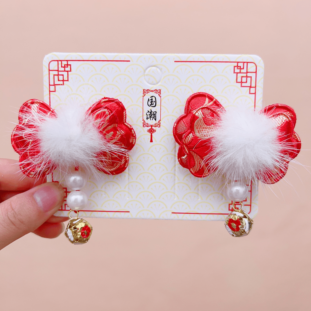 秋冬新款古风国潮毛球可爱中国风红色中式精致头饰发饰鸭嘴夹2736