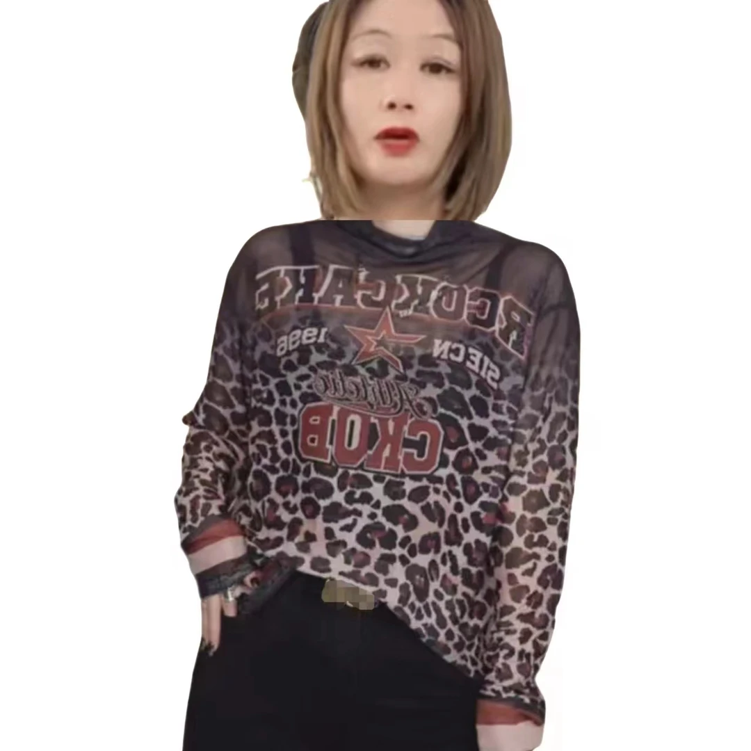 8079潮牌网纱圆领领衫女欧货宽松中长款时尚潮流套头弹力长袖上衣