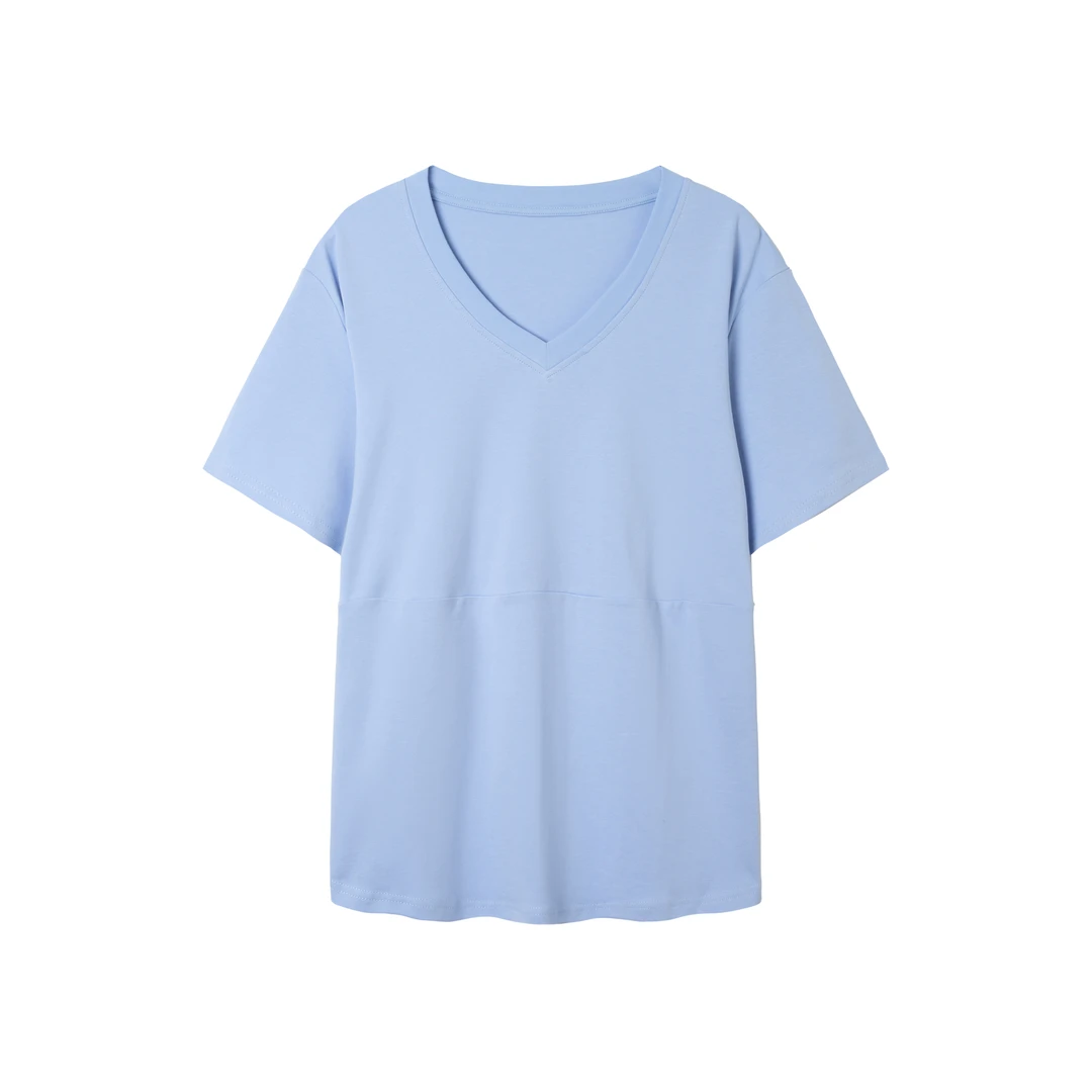 2025宽松纯色100纯棉透软垂飘V领短袖体恤06165
