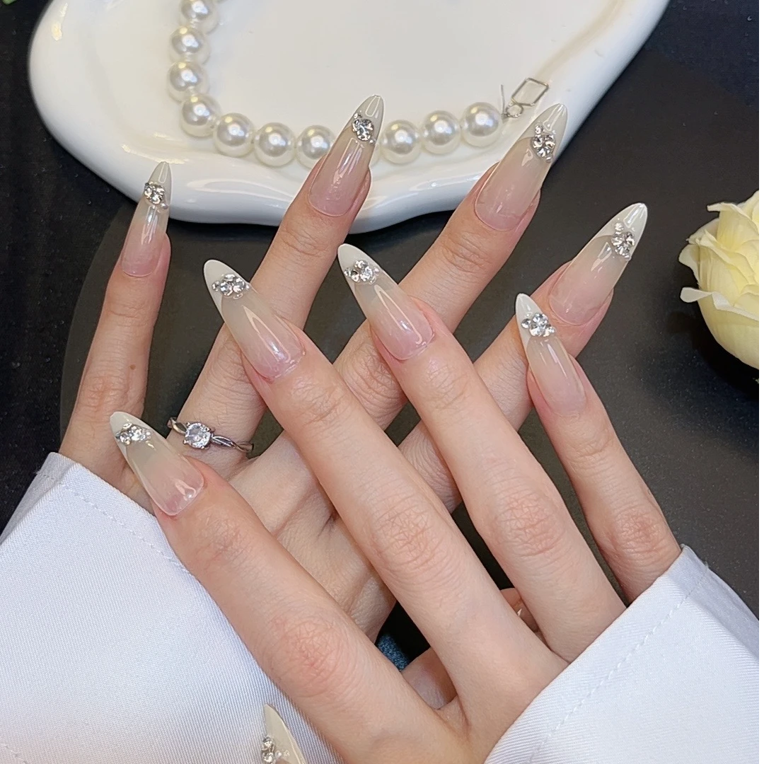 【冰透小白梨】长杏仁043号10片装纯手工穿戴美甲