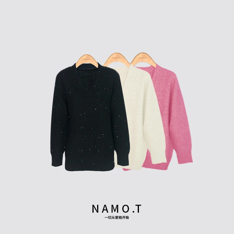 NAMO.T时尚慵懒金银丝珠片全羊毛V领针织衫NF1511096