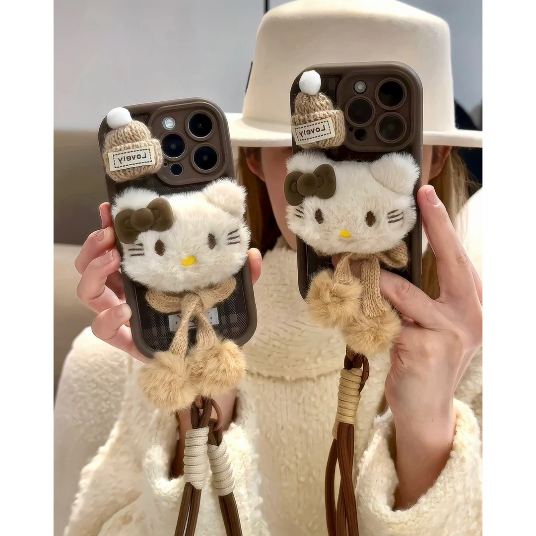 冬季毛绒围巾kitty适用苹果16/15promax手机壳华为P70vivo小米14