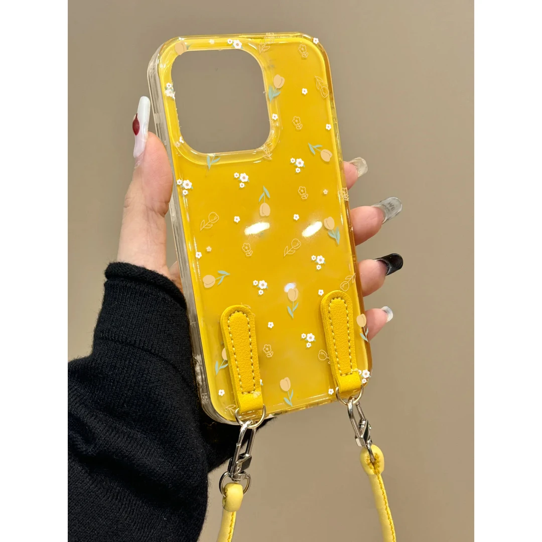 秋风ins黄色碎花适用苹果16/15手机壳vivo华为p70挂绳oppo小米14