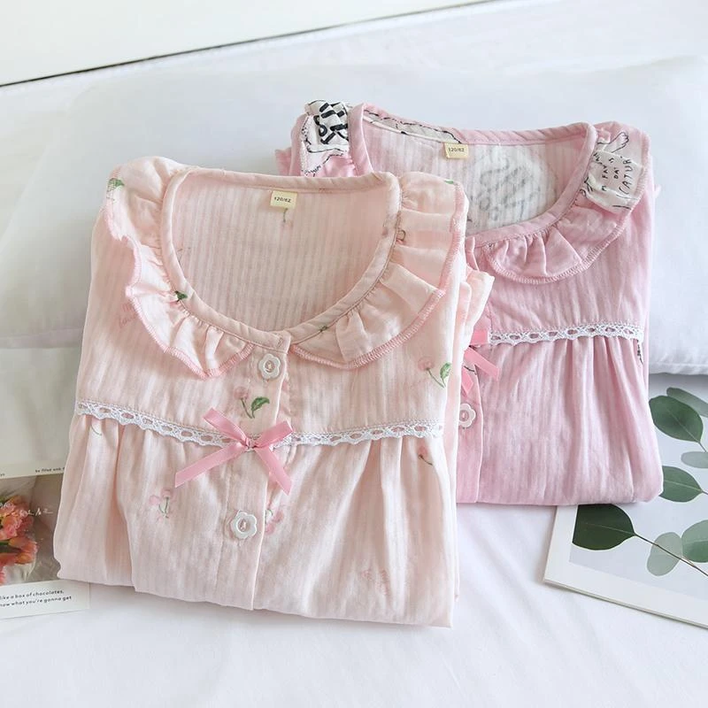 日式小清新樱桃睡衣儿童春夏薄款纯棉双层纱布长袖女童空调家居服