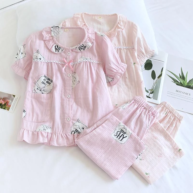 日式小清新樱桃睡衣儿童春夏薄纯棉纱布短袖七分裤女童凉快家居服
