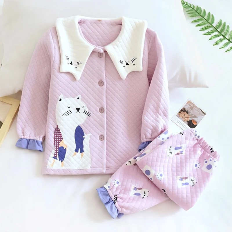 设计师儿童秋冬纯棉空气层女童睡衣套装加厚夹层紫猫咪翻领家居服