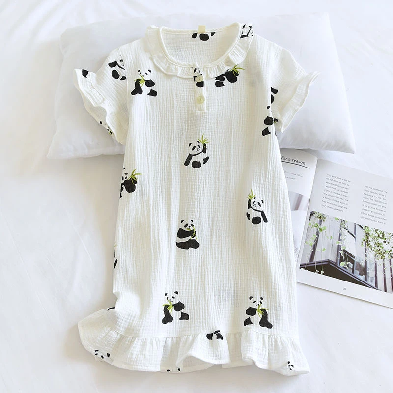 儿童夏季薄纯棉纱布可爱小兔女童套头短袖睡裙宝宝亲子全棉家居裙