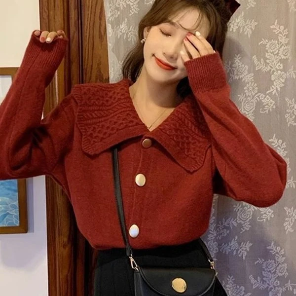 慵懒风毛衣女秋秋冬设计感小众宽松百搭洋气娃娃领开衫针织衫外套