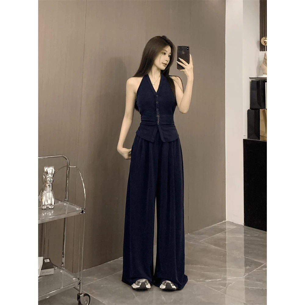 2024气质穿搭一整套时尚气质挂脖领吊带松紧腰阔腿裤套装新款两件