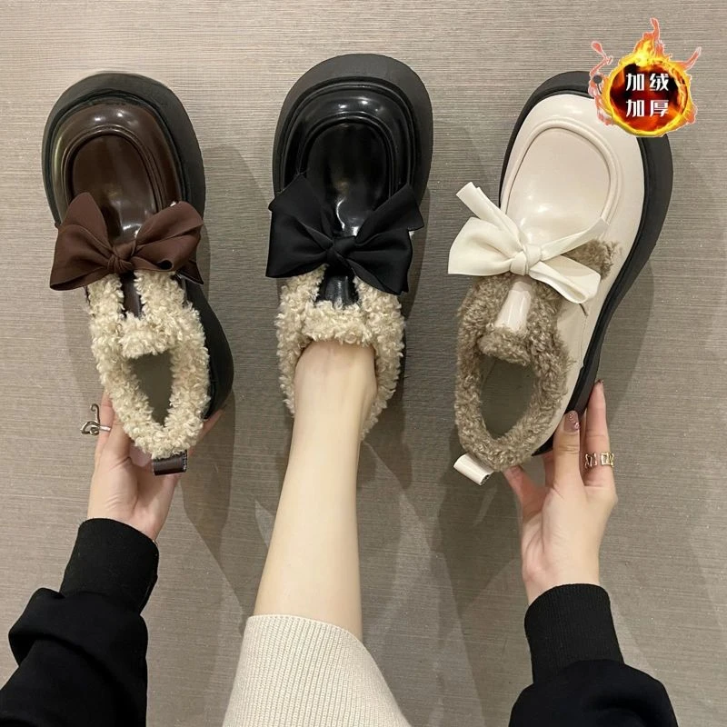 蝴蝶结小皮鞋女冬季新款复古乐福鞋保暖鞋毛毛鞋百搭时尚气质