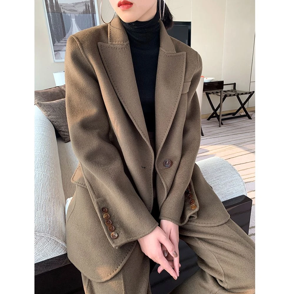 2025春秋新款女装时髦气质修身显瘦西装毛呢西装套装女长裤两件套