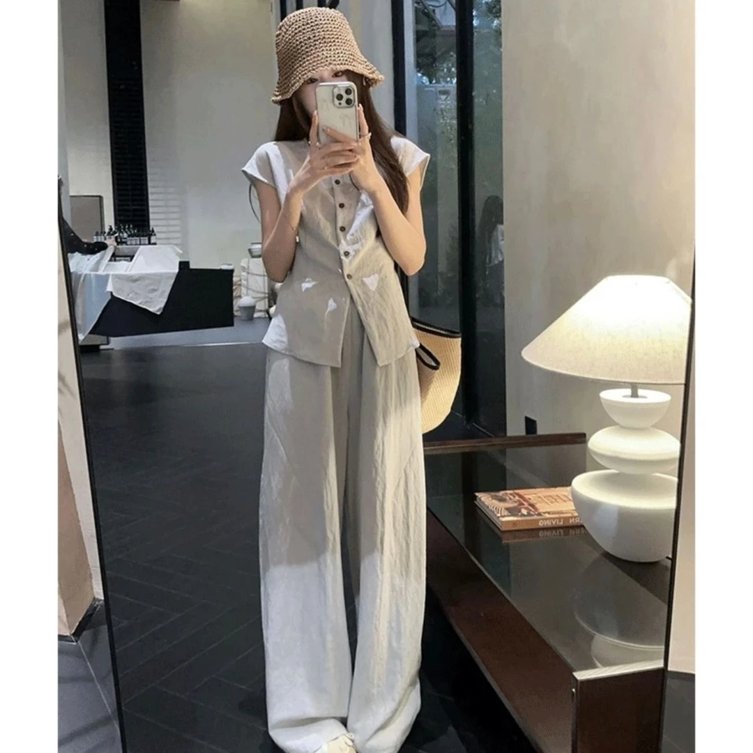 2024夏季简约短袖小衫女气质系带飞飞袖上衣高腰拖地阔腿裤套装潮