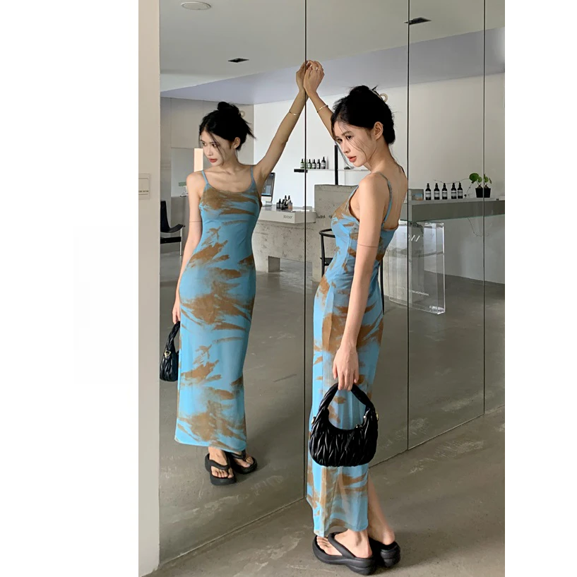 2025法式扎染印花吊带连衣裙女欧美辣妹修身包臀裙中长款开叉裙子