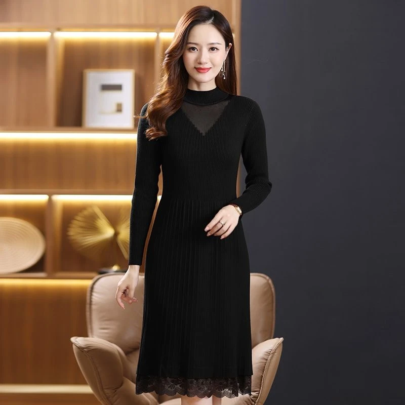 蕾丝针织春秋冬修身连衣裙中长款女装过膝气质百搭黑色显瘦打底裙