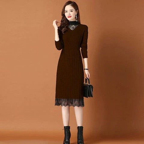针织连衣裙女2025春秋新款长款过膝配大衣的毛衣内搭蕾丝打底裙子