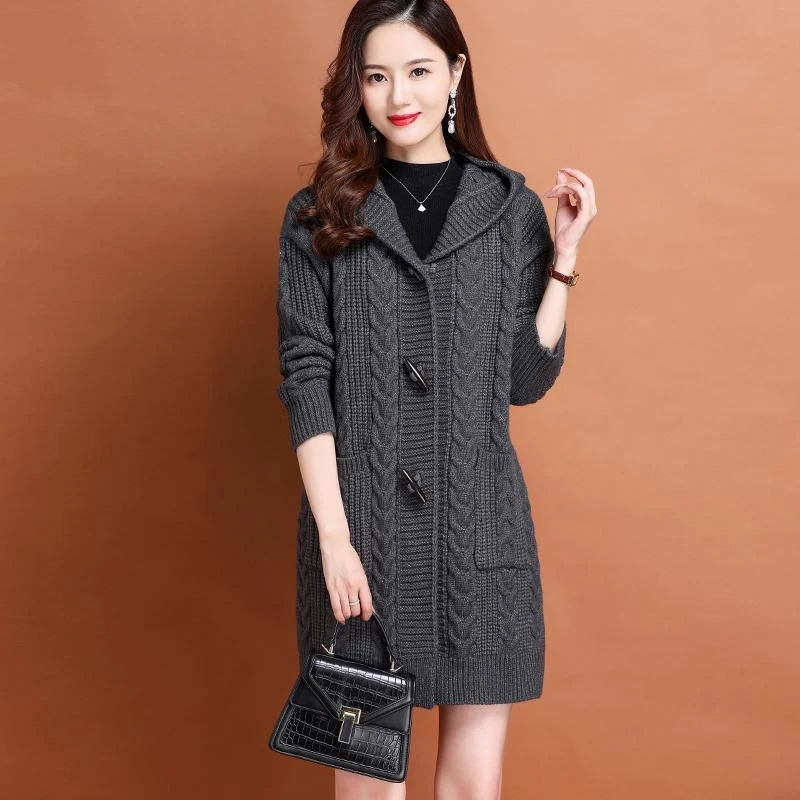 胖MM连帽中长款针织开衫女秋冬装加厚羊毛外搭宽松慵懒风外套毛衣