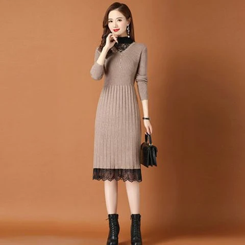 配大衣针织连衣裙女2025春秋新款长款过膝的毛衣内搭蕾丝打底裙子