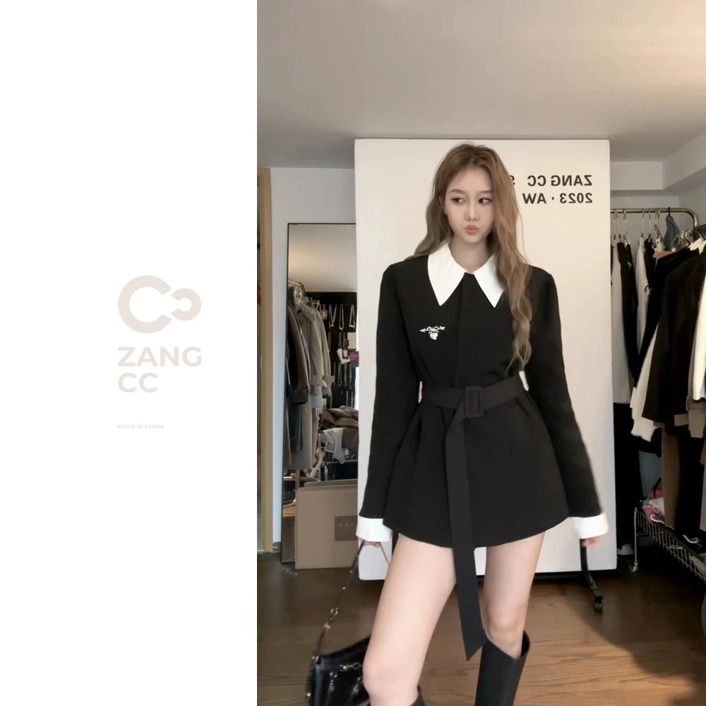 脏兮兮 财阀千金 黑色系甜酷假两件收腰显瘦西装套装