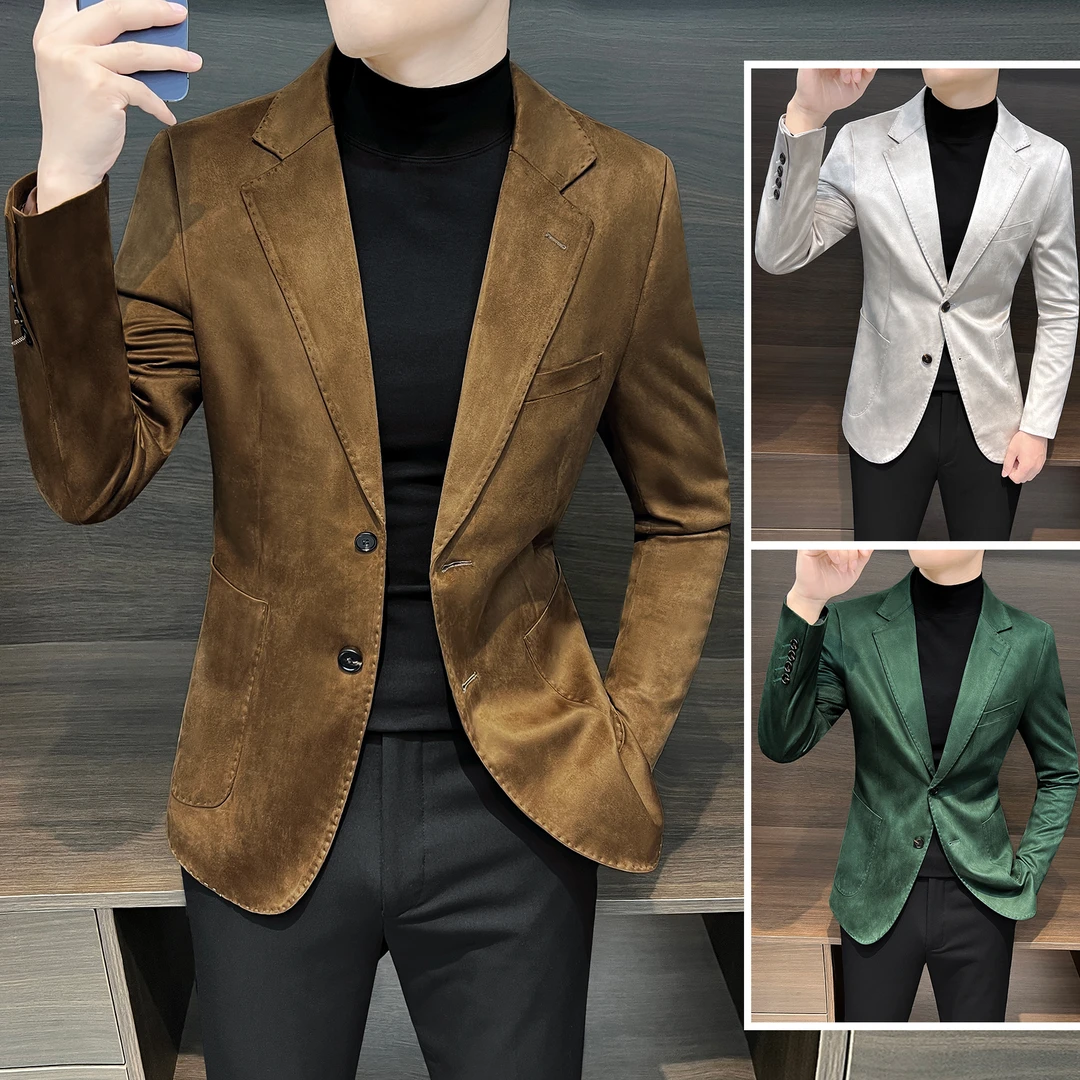 鹿皮绒休闲西装外套男款爆款2025新款英伦雅痞男装秋冬男士小西服
