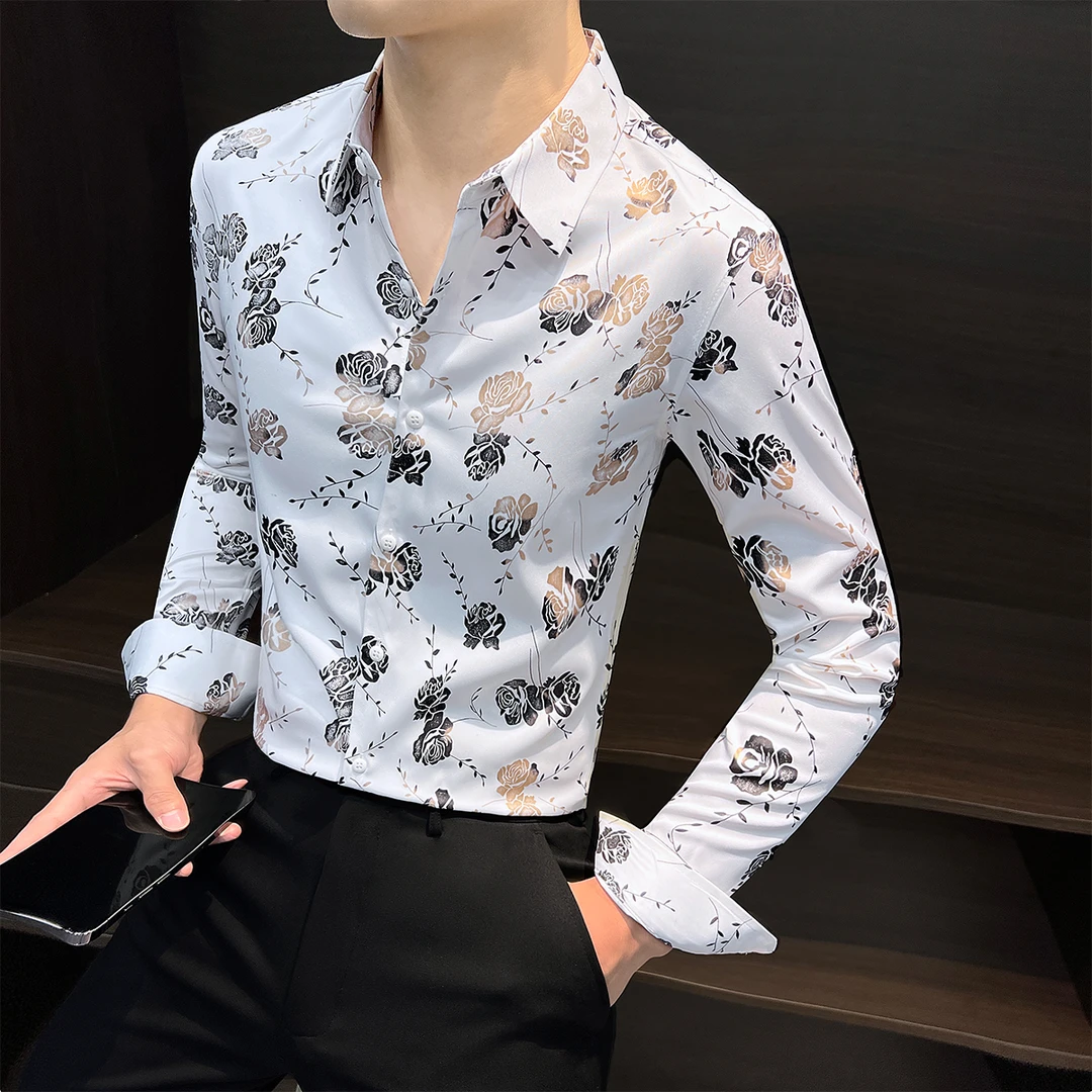 碎花长袖衬衫男款痞帅高级感秋季韩版修身印花白色衬衣男装长袖潮