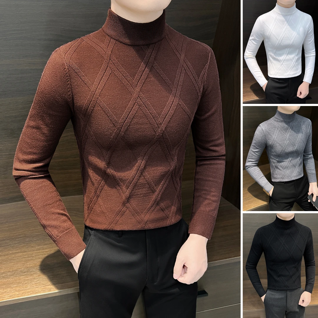 半高领格子毛衣男条纹内搭针织打底衫男款秋冬中领加厚菱形格线衣