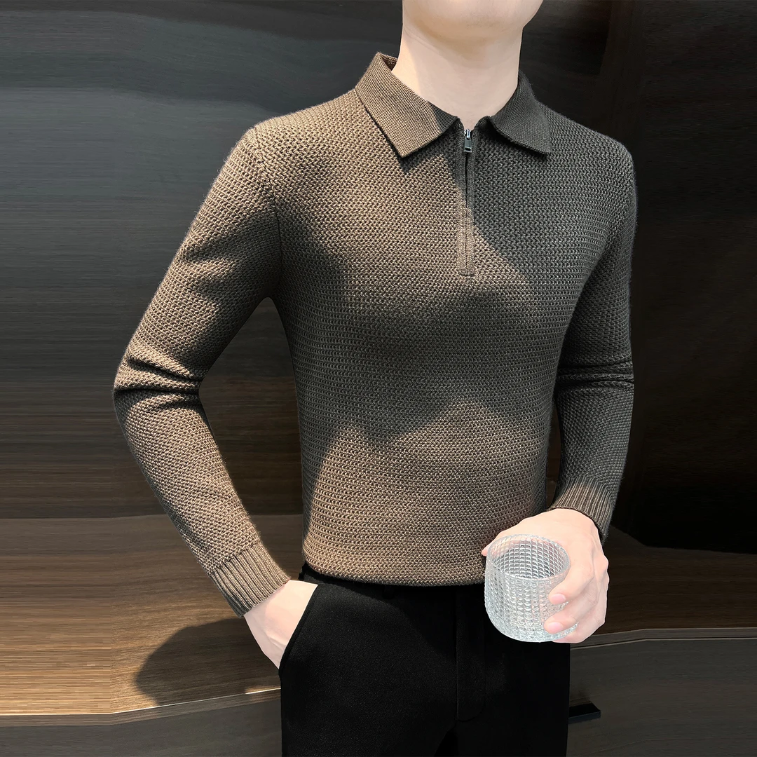 半拉链翻领男士毛衣秋冬潮牌男装痞帅上衣时尚长袖针织男款polo衫