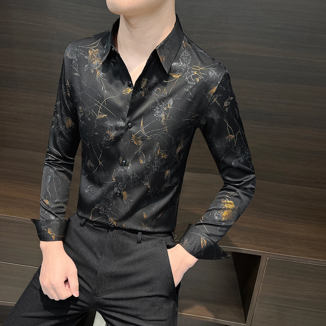 花衬衫男款长袖痞帅高级感春秋2025新款爆款潮流修身男士黑色衬衣