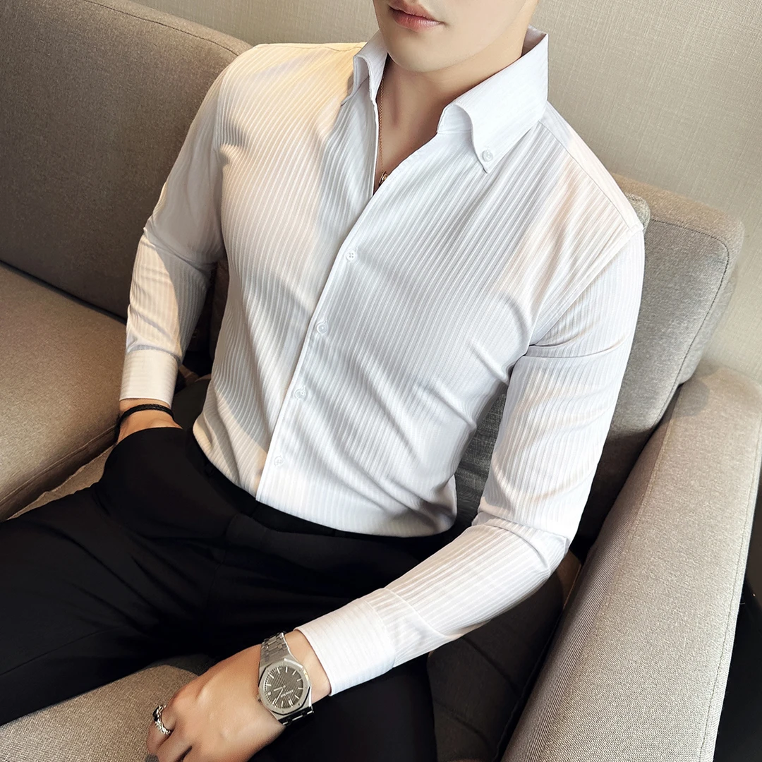 法式一片领衬衫男长袖英伦雅痞风格男装商务休闲修身v领条纹衬衣