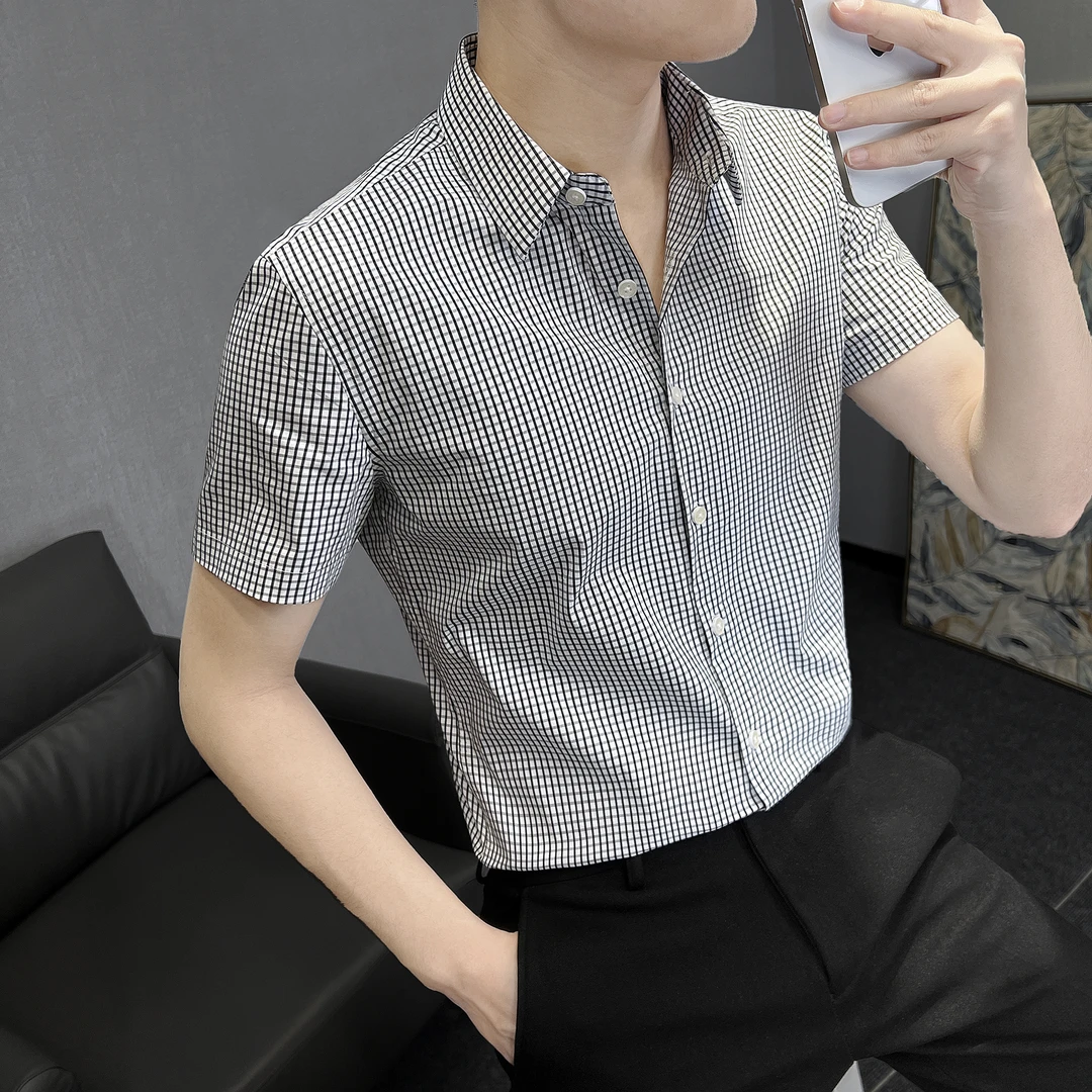 小格子衬衫男款短袖夏季薄款冰丝商务正装痞帅高级感男士休闲衬衣